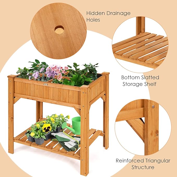 Giantex Raised Garden Bed Elevated Planter Box Kit with 8 Grids &amp Liner for Herbs Vegetables Flowers Outdoor Solid Fir Wood Planting Container with Legs &amp Storage Shelf for Backyard Patio (N