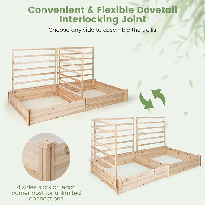COSTWAY Raised Garden Bed with 2 Planter Boxes &amp 3 Trellises Outdoor Wooden Planter Kit for Flowers Herbs Vegetables Fruits &amp Climbing Vines Elevated Garden Planter for Patio 88L x 45W