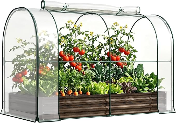 DoCred Galvanized Raised Garden Bed with PVC Cover 84.6 x 45.3 x 47.2 Metal Planter Bottomless Box w/Roll-Up Window Mini Greenhouse Tent for Outdoor Growing Vegetables Flower Fruit
