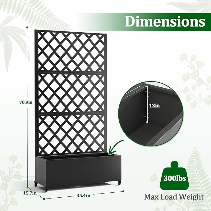 Metal Raised Garden Bed with Trellis and Wheels 2 in 1 Trellis with Planter Box &amp Privacy Screen for Climbing Plants Outdoor Standing Flower Beds with Drainage Holes 35.4L x 15.7W x 70.9H B