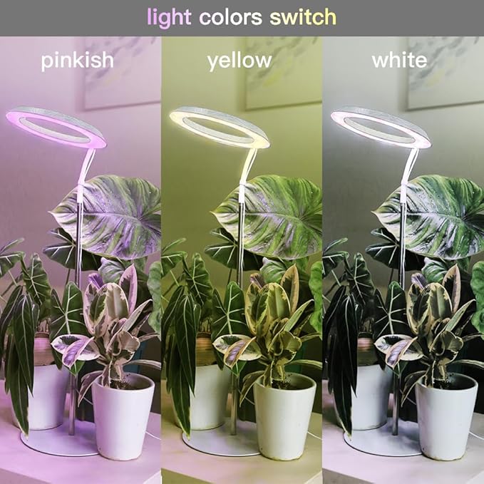 Qux 10” Halo Pro Grow LightFull Spectrum LED Freestanting Plant Grow Lamp for Indoor Larger Plants with 3 Kind of Light Colors switchover &amp 10-Level DimmableAuto On Off Timing 4/8/12Hrs (Relief)