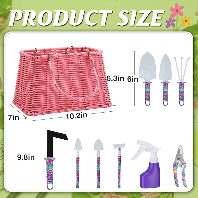 Gardening Gifts for Women Gardeners - Garden Tools Set with Woven Basket Gardening Kit with Trowel Pruning Shears Weeding Knife Hand Rake Gardening Tools for Mom Grandma Birthday Gifts Pink