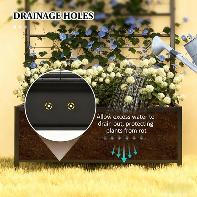 Galvanized Steel Raised Garden Bed with Trellis Support for Climbing Plants – Durable Outdoor Planter Box for Vegetables and Flowers (Black + Steel)