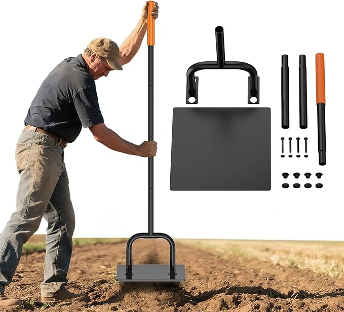 Effort-Saving Ergonomic Garden U-Shaped Steel Tamper10x10Inch 3Sections 57Inch Overall Length with Rubber Grip for Compacting Soil Gravel Asphalt and Driveways Garden Landscaping Tools