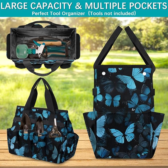 Butterfly Blue Gardening Tool BagHeavy Duty Garden Tote BagPortable Oxford Gardening Storage Basket Organizer Handbag with Pockets HandleHand Tools Gifts for Outdoor Garden Lawn Yard