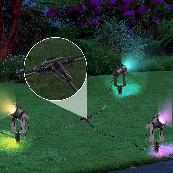 SUNTHIN 4 Pack RGB Color Changing Spot Uplights with Remote &amp 9.8FT T Shape Tee Extension Cord