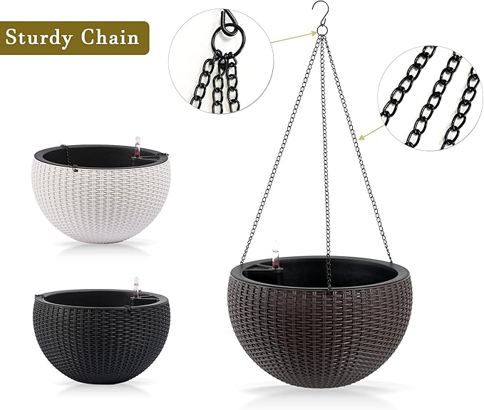 13.4 inch Self Watering Hanging Rattan Planter Large Capacity Root Rot Resistant Water Storage with Water Level Indicator Dual Use for Indoor Balcony Decoration (Pack of 2 Brown)