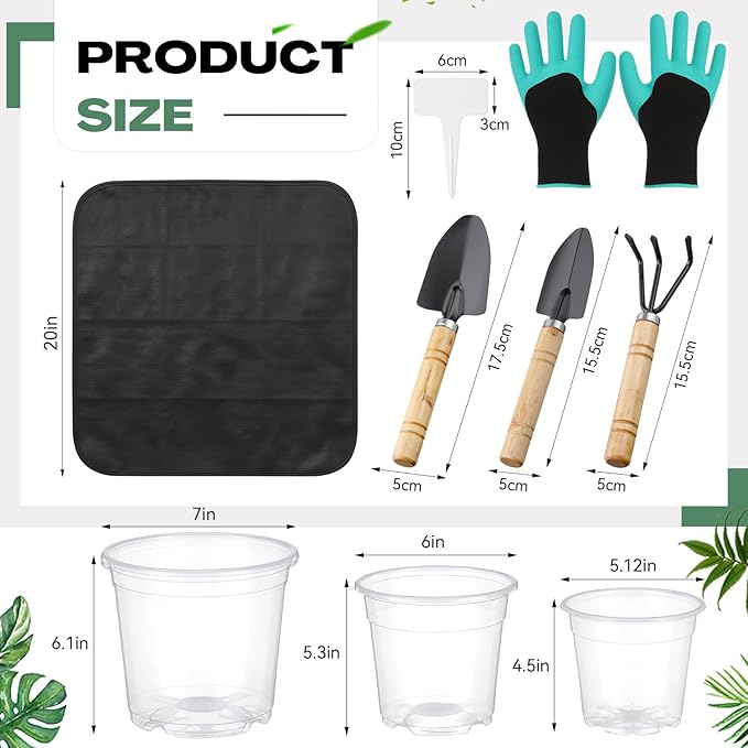 83 Pcs Garden Supplies Tools Kit 5/6/7 Inch Clear Plastic Plant Pots with Transplanting Mat Trowel Cultivator Rake Set Label &amp Glove Succulent Tools Gift for Plant Lovers Accessory