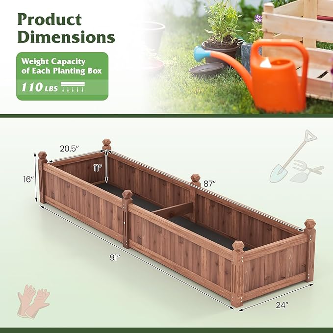 S AFSTAR Wooden Raised Garden Bed 91L x 24W x 16H Outdoor Rectangular Planter Box with Liner &amp 4-Corner Drainage Holes Planter Container for Garden Patio Raised Bed for Veggies Fruit Flower