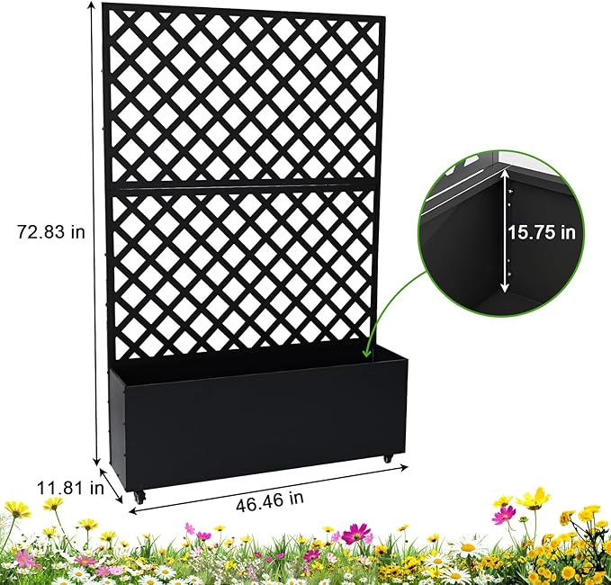 Garvee Metal Raised Garden Bed with Trellis &amp Wheels 72.83x46.46x11.81 Galvanized Metal Planter Box with Drainage Holes &amp Privacy Screen for Patio Balcony Climbing Plants Flowers Vegetable