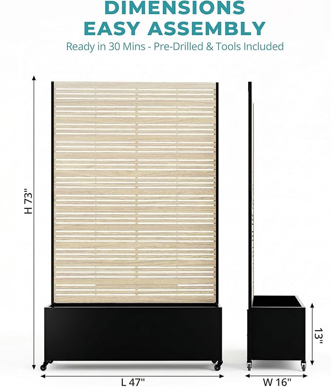 73 Metal Planter Box with Trellis on Wheels - Mobile Outdoor Planter with Drainage Holes &amp Louvered Privacy Screen Rust-Proof Wood Grain for Patio Balcony Backyard Poolside