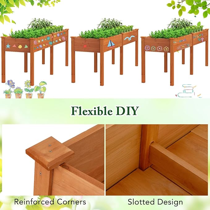 Raised Garden Bed with Legs Elevated Planter Box with Divider &amp 8 Drainage Holes Fir Wood Garden Box for Vegetables Flowers Fruits &amp Herbs (Brown Yellow)