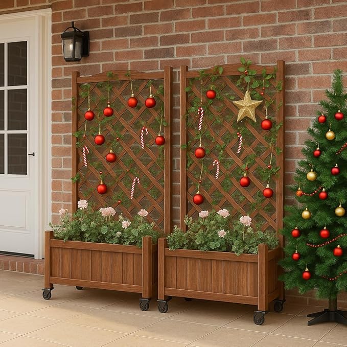 Upgraded 2-Pack 50 Tall Trellis Planter Box with Wheels 49.8H × 27.6W × 13.0D Solid Fir Wood Raised Garden Bed &amp Lattice Privacy Screen Rolling Planter with Drainage for Patio/Garden