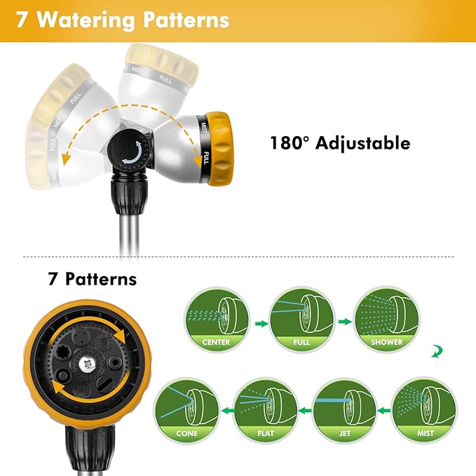 RESTMO Metal Watering Wand Heavy Duty Garden Hose Wand with 180° Swivel Ratcheting Head 16'' Hose Nozzle Sprayer with 7 Spray Patterns and Flow Control for Water Hanging Baskets and Shrubs Yellow