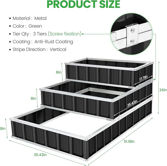 Homdox 3 Tiers Raised Garden Bed 3 Installation Methods for DIY Large Metal Planter Box with Gloves and Reinforced Frame for Deep-Rooted Plants Vegetables Flowers 52x 36x 24Garden Boxes Outdoor