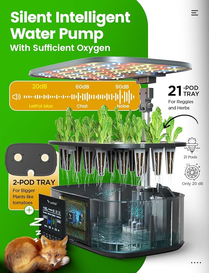 LetPot LPH-Max Hydroponics Growing System Kit 21 Pods APP &amp WiFi Automatic Controlled Smart Indoor Garden with 36W LED Grow Light Auto Drip Irrigation Kits Self-Managed Nurturing &amp Watering