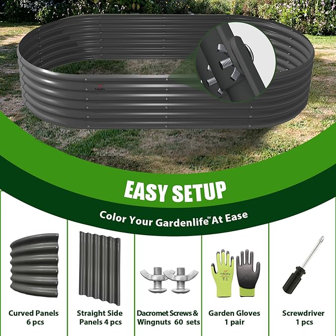 A ANLEOLIFE 6 Pcs 8X4X1.5 ft Oval Large Galvanized Raised Garden Beds Outdoor for Planting Vegetables Flowers Herb Quartz Grey