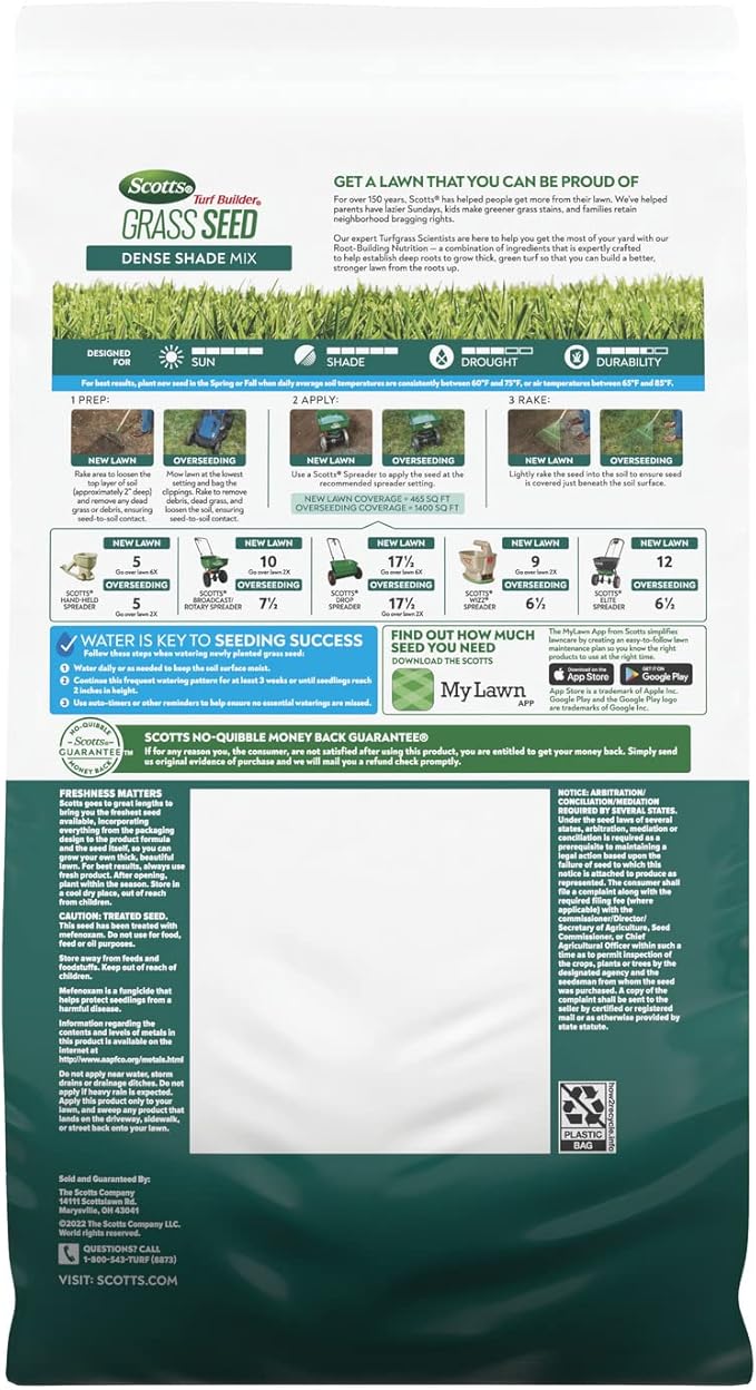 Scotts Turf Builder Grass Seed Dense Shade Mix with Fertilizer and Soil Improver Grows With Little Sunlight 5.6 lbs.