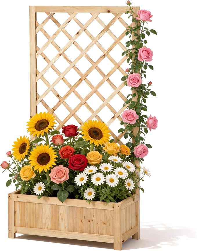 Wooden Raised Garden Bed with Trellis 47 Outdoor Planter Box for Climbing Plants Vertical Natural Wood Garden Planter for Vegetables Flowers &amp Vines Lattice Plant Support for Patio Yard Balco