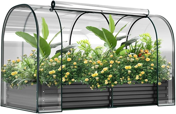 DoCred Galvanized Raised Garden Bed with PVC Cover 72.8 x 37.4 x 47.2 Metal Planter Bottomless Box w/ Roll-Up Window Mini Greenhouse Tent for Outdoor Growing Vegetables Flower Fruit