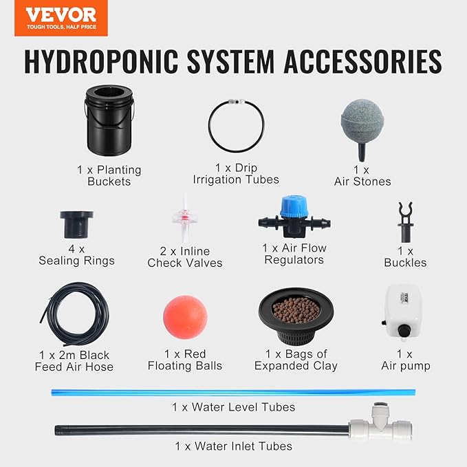 VEVOR DWC Hydroponics Grow System Hydroponic Growing System with Top Drip Kit 5-Gallon Deep Water Culture with Air Pump Air Stone and Water Level Device for Leafy Vegetables(1 Bucket+Top Drip Kit)