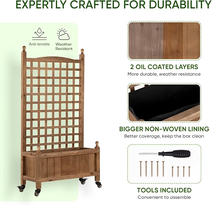 IDZO 50 Inches Height Raised Garden Bed with Trellis Durable Oil Coated Planter with Trellis Vertical Gardens Outdoors with Lockable Wheels and Convenient Non Woven Lining