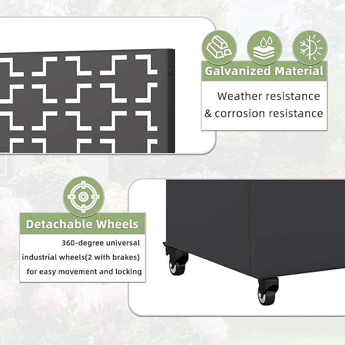 Casaphoria Metal Raised Garden Bed with Trellis and Wheels 72x47x16 Planter Box for Climbing Plants Vegetables &amp Vines Features Drainage Holes and Privacy Screen Black(Square&ampShine)