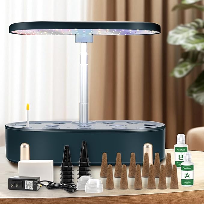 Hydroponics Growing System Indoor Garden:12 Pods Plant Kit Aeroponic Herb Vegetable Growth Lamp Countertop with LED Grow Light Adjustable Height Up to 20.47inch (Blackish Green One-Size)