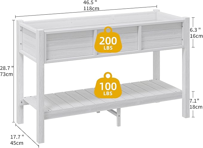 DWVO 48x18x30in Raised Garden Bed HDPE Poly Wood Planter Box StandWeather-Resistant Planter Box with Legs &amp Storage Shelf Elevated Garden Bed for Backyard Patio Balcony White
