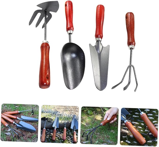 Garden Tool Set with Small Gardening Shovel and Narrow Spade 4pcs Hand Tools for Digging Weeding and Planting Mini Iron Trowel and Three-Claw Rake for Home and Outdoor