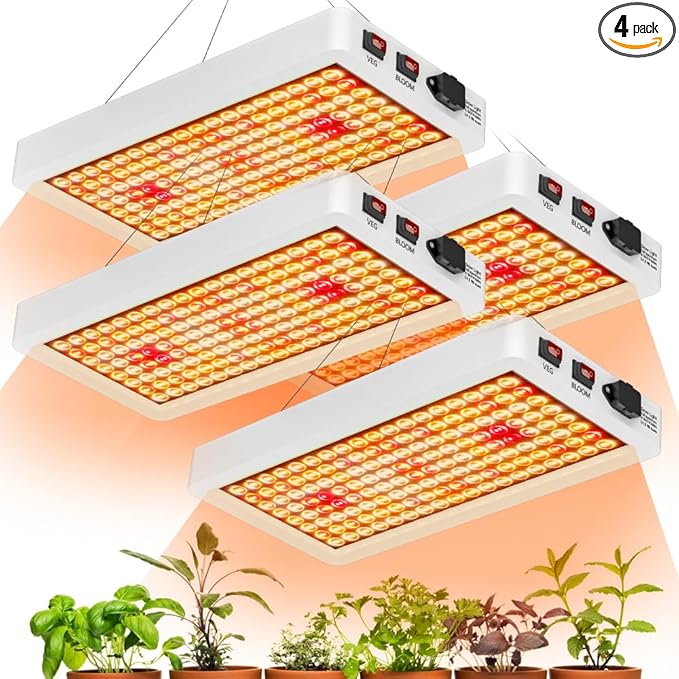 4Pcs 800W LED Plants Growing Light with 110V Energy-Saving Growth Lamp Veg/Bloom Dual Modes 100-277V Universal Voltage US Plug 110V Ideal for Seed GerminationHydroponicsVegetable/Flower Planting