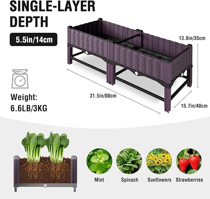 Raised Garden Bed with Reinforcement Rods Elevated Planter Boxes for Outdoor Plants with Drainage Holes for Flowers Vegetables Herbs Patio Backyard Deck Balcony Purple 31.5x15.7x13.8 in