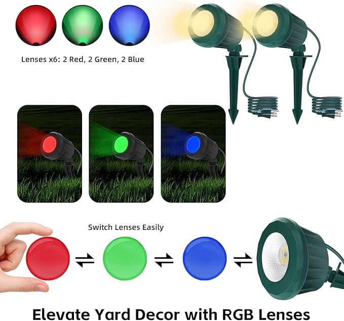 Spotlight Outdoor – 120V Plug-in 2700K Warm White LED Landscape Spot Lights with RGB 3 Lenses for Yard Garden Lawn&ampTree Decor IP67 Waterproof Perfect for Holidays&ampEveryday (2 Pack Green)