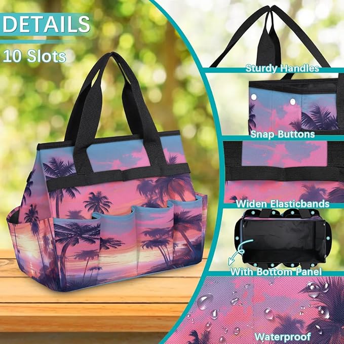 Coconut Tree Evening Sunset Garden Tool Bag Waterproof Garden Tool Storage Bag Heavy Duty Oxford Gardening Tool Bag with Handle &amp 10 Pockets for Men Women Outdoor Garden Lawn Yard