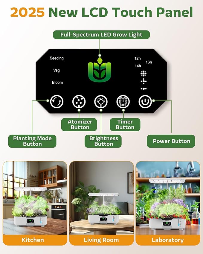 Misting Hydroponic Growing System Kit 15-Pods Indoor Smart Herb Garden Planter with LCD Touch Panel 6L Large Tank for Herb/Vegetables/Flowers/FruitsGardening Gifts for Women Men Beginners-White
