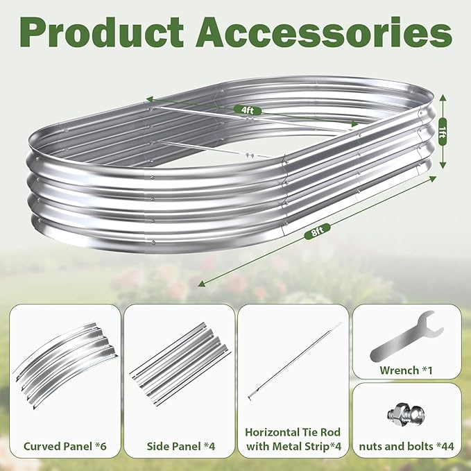 Galvanized Raised Garden Bed Outdoor 8x4x1ft Metal Heavy Duty Planter Boxes for Gardening Easy Assemble Large Oval Plant Container Kit for Vegetables Flowers Fruits Silver 1 Pack