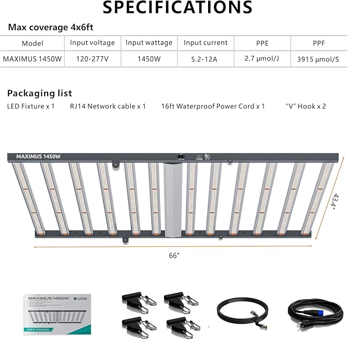 Maximus 1450W 12 Bars LED Grow Light Daisy Chain &amp Dimmable for Indoor Plants Sunlike Full Spectrum Commercial Hydroponic Growing Lamp 4x6FT Coverage Replace HPS 1000W