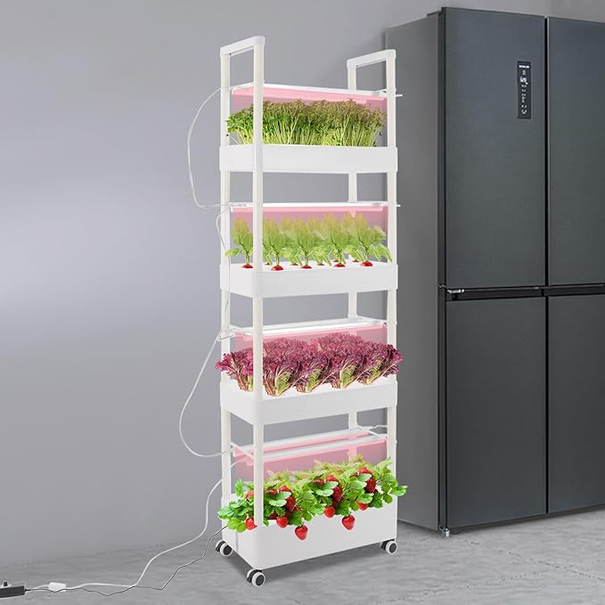 56 Pods Hydroponics Growing System with Growth Light Rolling Vertical Garden Planter Tower for Vegetables Fruits Flowers Herbs