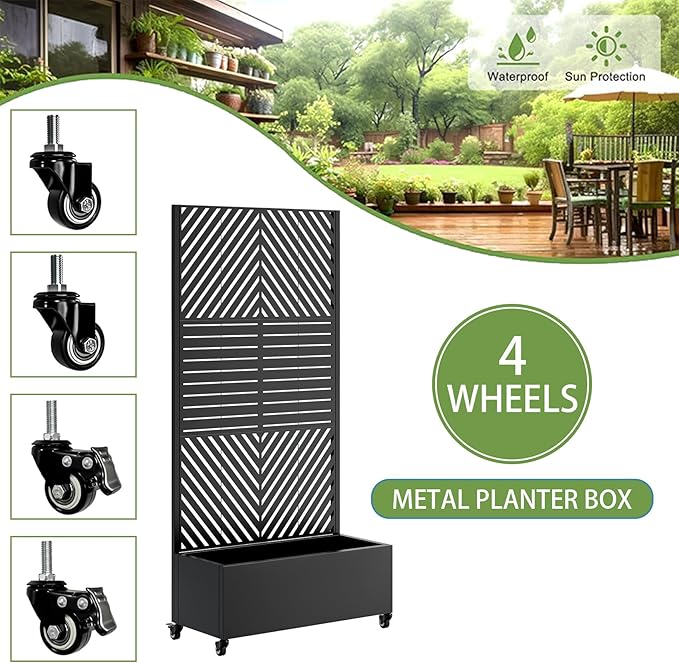 Sturdy 47x16x73 Inch Galvanized Steel Raised Garden Bed with Trellis Metal Planter Box on Wheels for Patio Privacy Screen 12 Inch Deep Root Mobile Vertical Garden Planter for Climbing Plants (M4)