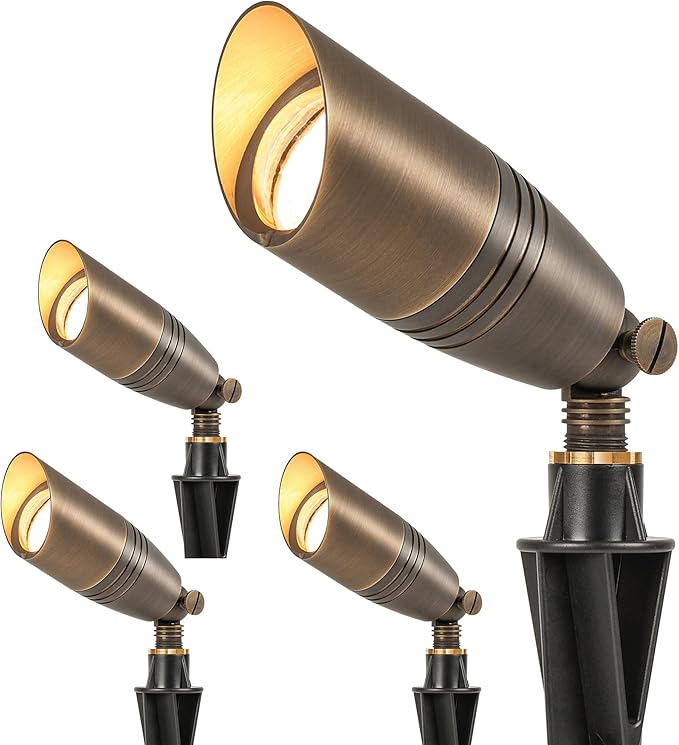 LUTEC Solid Brass Low Voltage Landscape Lighting 12V Heavy Duty Waterproof Landscape Spotlights Bronze Wired Uplights Outdoor Fixtureswith ABS Spike Garden Yard Pathway Tree Without Bulb 4 Pack