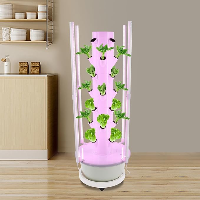 28 Holes 7 Tier Hydroponic Growing Tower Indoor Vertical Garden Kit w/LED &amp Timer 7.92Gal Tank Auto Water Circulation Space-Saving. Grow Flowers Veggies Herbs Strawberries. Easy Assembly
