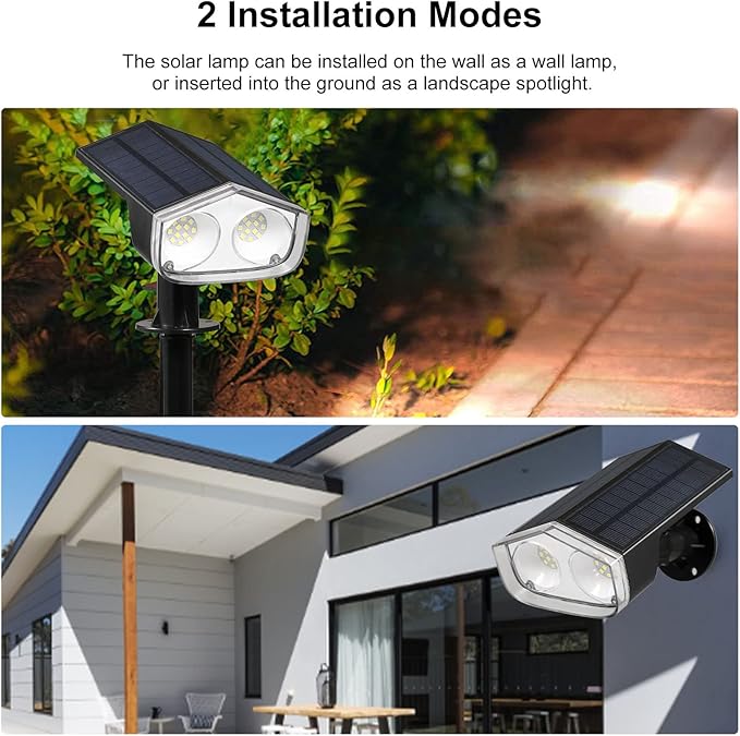 Dual Solar Panels Outdoor 24 LED Solar Landscape Spotlights IP67 for Garden Fence with Monocrystalline Silicon 6-24 Hours Working Time
