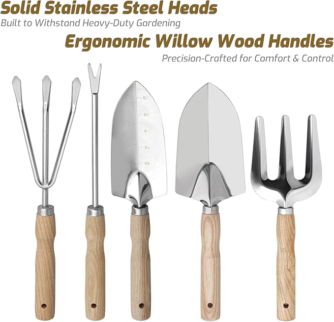 13-Piece Garden Tools Set with Tote Bag &amp Apron Repotting Mat - Stainless Steel Heavy Duty Planting Kit Ergonomic Non-Slip Handles - Gardening Gift for Women Mom Home Gardeners