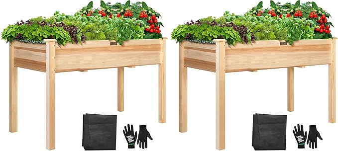 VIVOSUN Elevated Wooden Raised Garden Bed 48 x 24 x 30 Inches Outdoor Wood Planter Box w Bed Liner and Gloves for Garden Patio Balcony Backyard and Outdoors 220-Pound Capacity (Pack of 2)