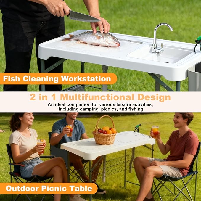 Fish Cleaning Table with 2 Sinks &amp Grid Rack - 42.5” Outdoor Fish Fillet Cleaning Station for Camping Patio Kitchen RV &amp Beach
