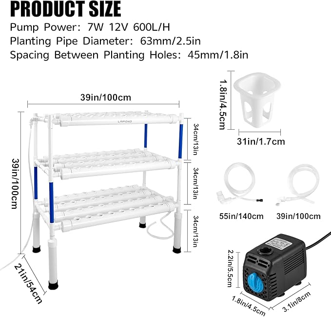 Upgraded Hydroponics Growing System with LED Grow Lights108 Plant Sites3 Layers Food-Grade PVC-U Pipes Hydroponic Grow Kit