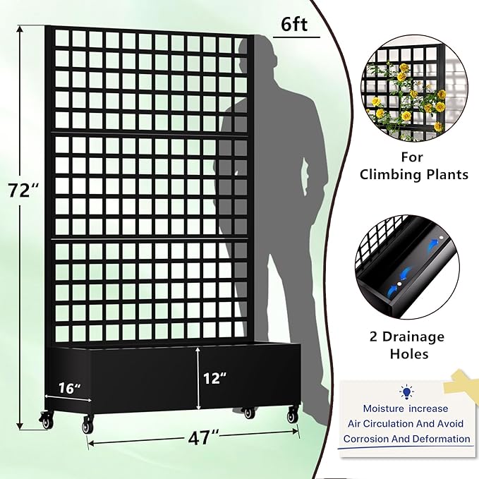 Metal Planter Box with Trellis72x47x16Galvanized Steel Outdoor Raised Garden Bed with Privacy Screenwith Drainage Holes &amp Lockable Casters for Climbing PlantsVegetablesand Vines(Black-Grid)