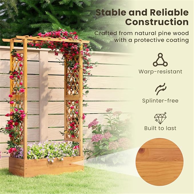 70 Tall Pine Wooden Raised Garden Bed with Trellis &amp Flat Roof Planter Box for Climbing Plants Outdoor Planting Stand Roof Climbing Plant Support Raised Beds Backyard Planter Wooden Garden Pla