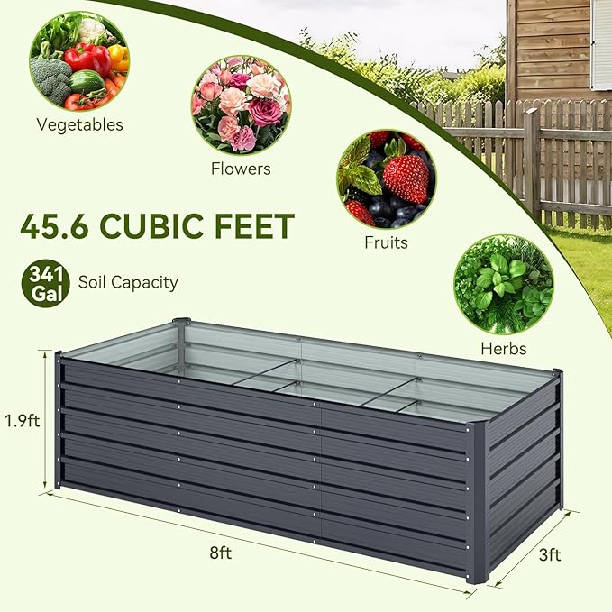 Ohuhu 8x3x1.9FT Metal Raised Garden Bed Outdoor Reinforced Galvanized Steel Rustproof Planter Box 100% Non-Toxic 341 Gal Large Capacity Heavy Duty Raised Beds for Growing Vegetables Flowers Herbs