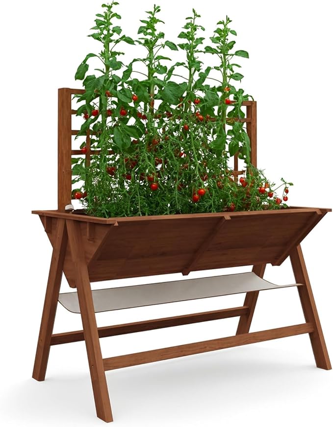 Raised Garden Bed with Legs 52x30x54In Wooden Planter Box with Trellis Outdoor Standing Vertical Horticulture Trellis Planter with Drainage Holes for Vegetables Flowers and Herbs Brown